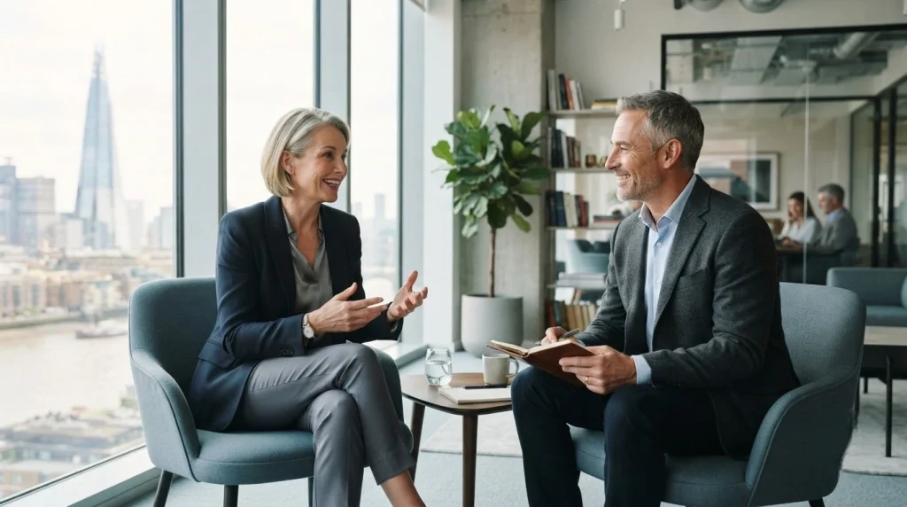 Executive coach London - one-to-one coaching conversation in a modern office
