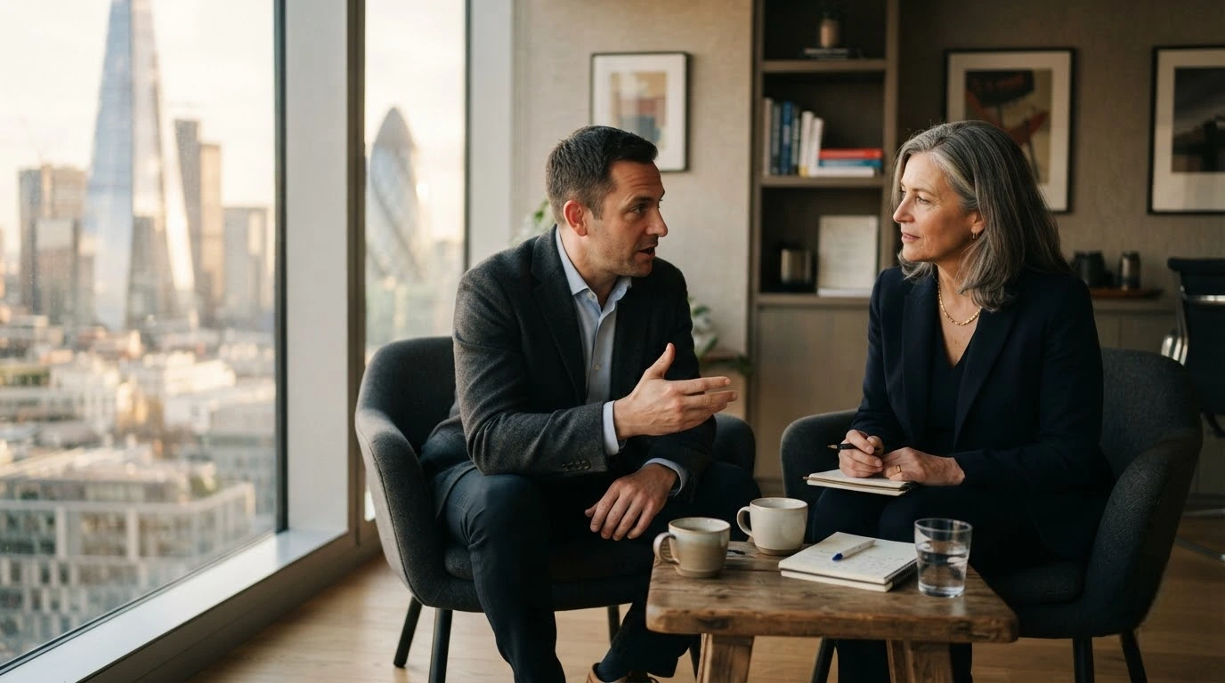 Executive coach and business leader in a one-to-one coaching conversation in a London office