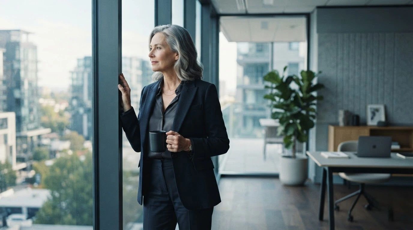 Confident leader reflecting after an executive coaching session in a modern workspace